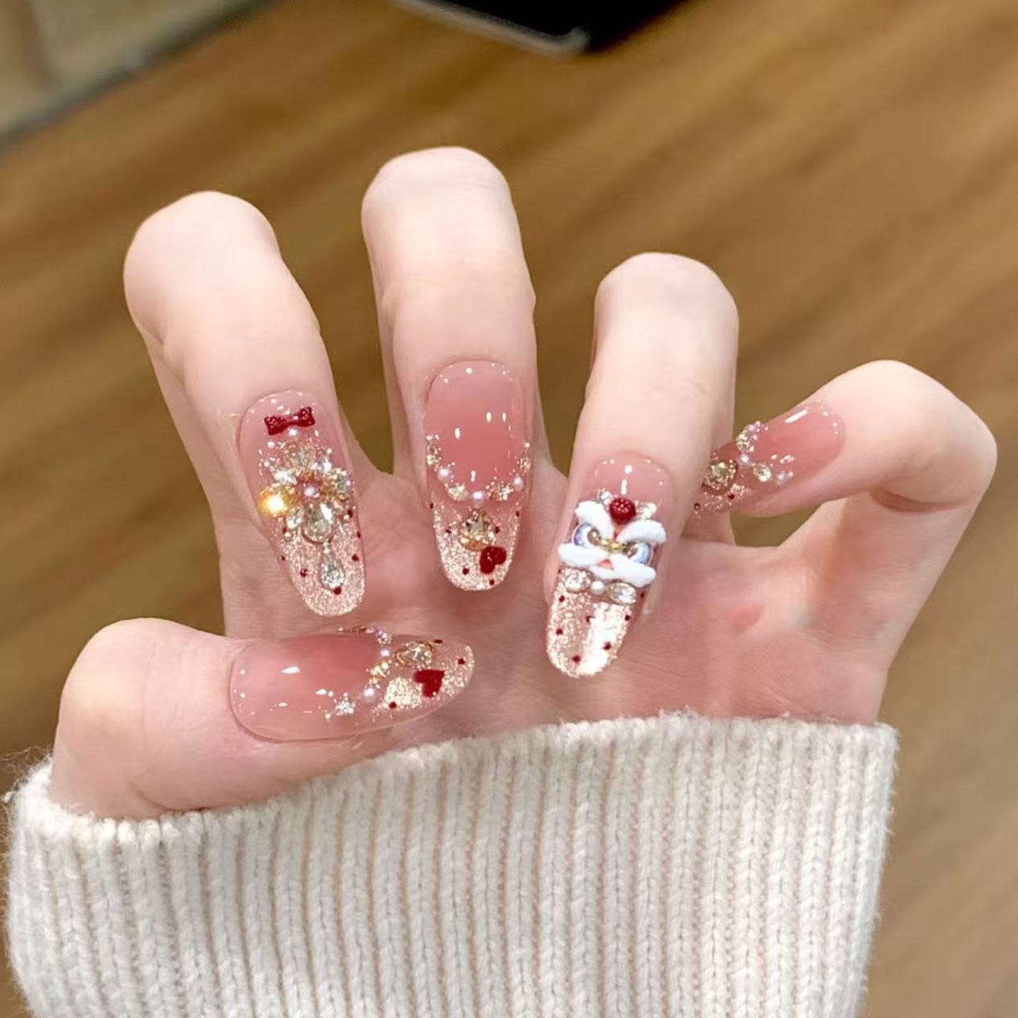 【招财醒狮】新年战甲纯欲裸色爆闪猫眼立体醒狮美甲纯手工穿戴甲,彩妆/香水/美妆工具,穿戴甲/甲片,淘宝优惠券,粉丝福利购,淘宝优惠卷