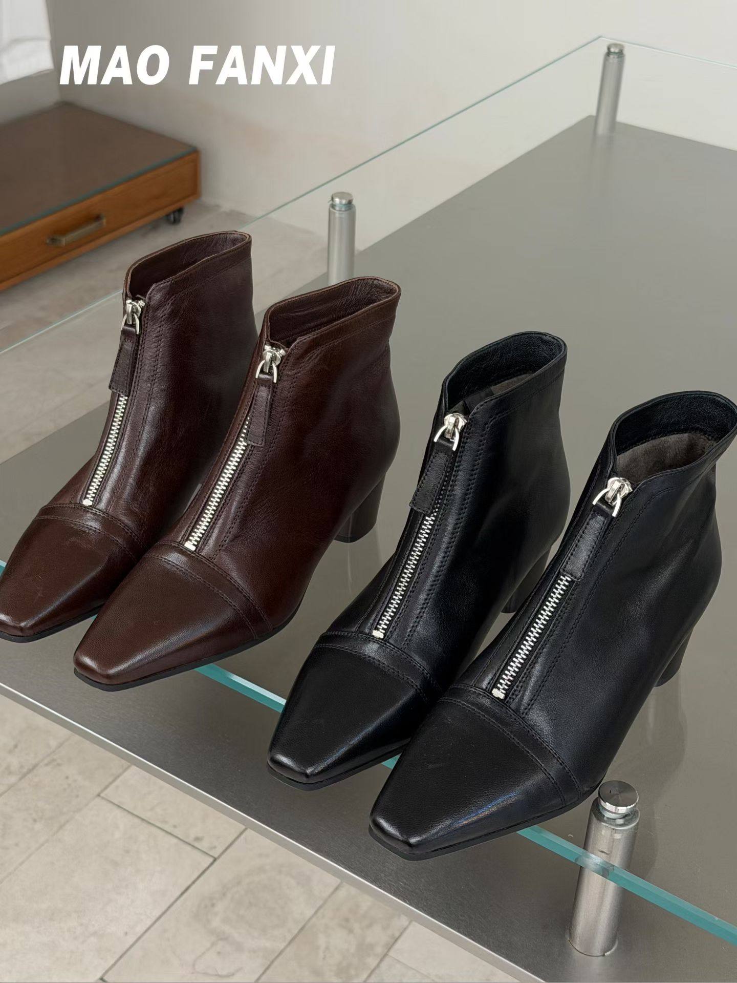 欧货2025款真皮女鞋时尚方头粗跟舒适加绒羊皮切尔西靴短靴655-58,女鞋,切尔西靴,淘宝优惠券,粉丝福利购,淘宝优惠卷