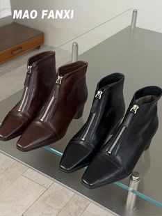 方头粗跟舒适加绒羊皮切尔西靴短靴655 时尚 真皮女鞋 欧货2025款