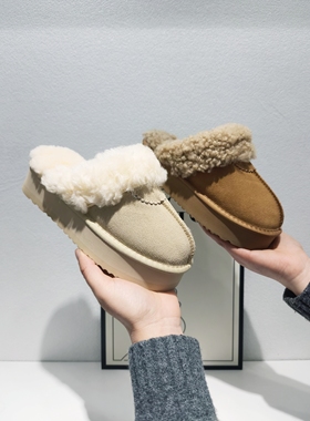 2025款真皮女鞋时尚圆头平底毛毛拖舒适加绒保暖棉鞋雪地靴3789