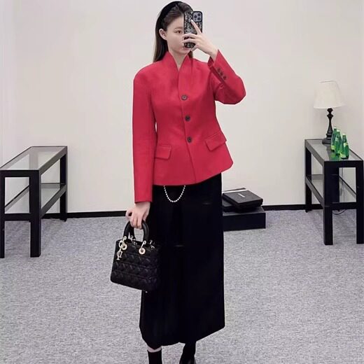 南油高定2025春秋新款单排扣丝毛西装红色长袖优雅百搭V领外套女