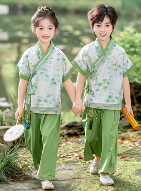 男女宝宝中国风绿色汉服表演服幼儿园诗歌朗诵六一舞台合唱演出服