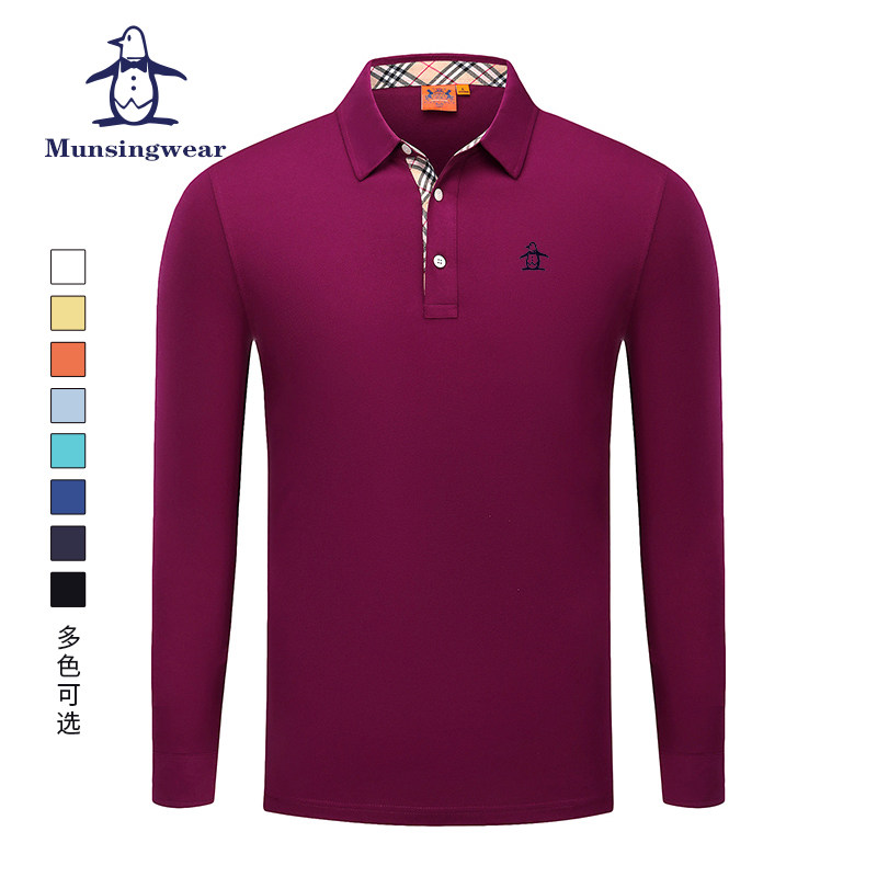 香港代购 MUNSINGWEAR/万星威高尔夫长袖polo衫男日常T恤条纹领口