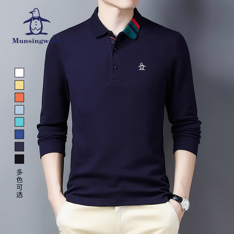 MUNSINGWEAR万星威高尔夫男长袖POLO衫拼色翻领T恤打底衫纯棉舒适