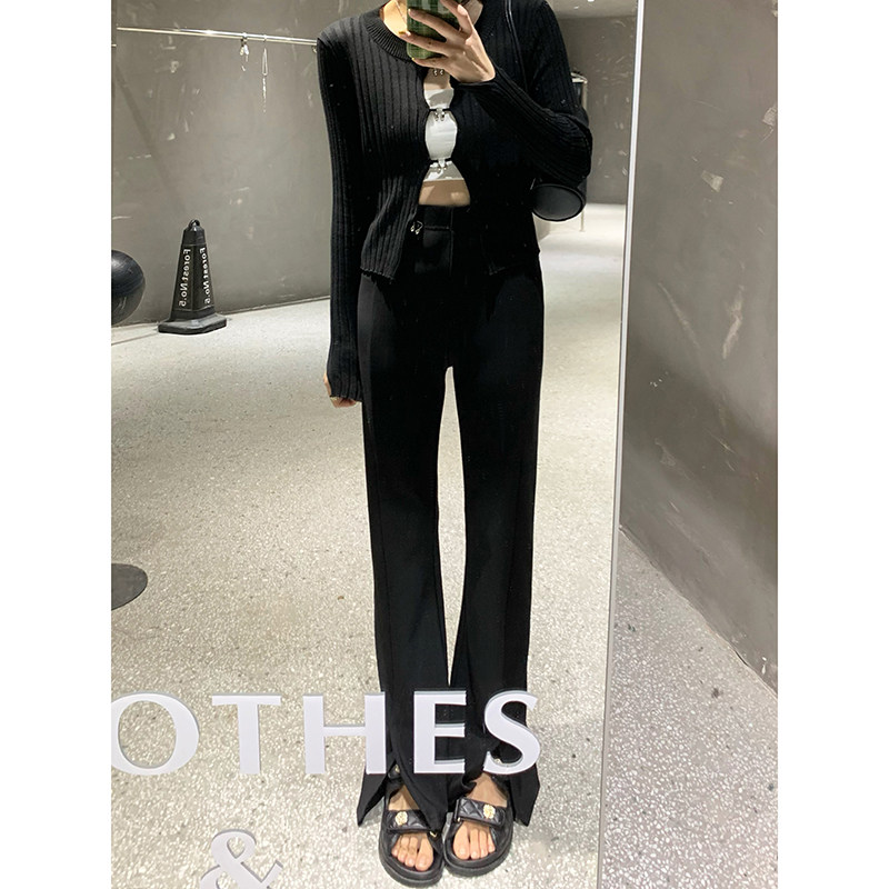 EBENB黑色弹力开叉微喇西装裤女春秋新款垂感直筒阔腿裤拖地裤子