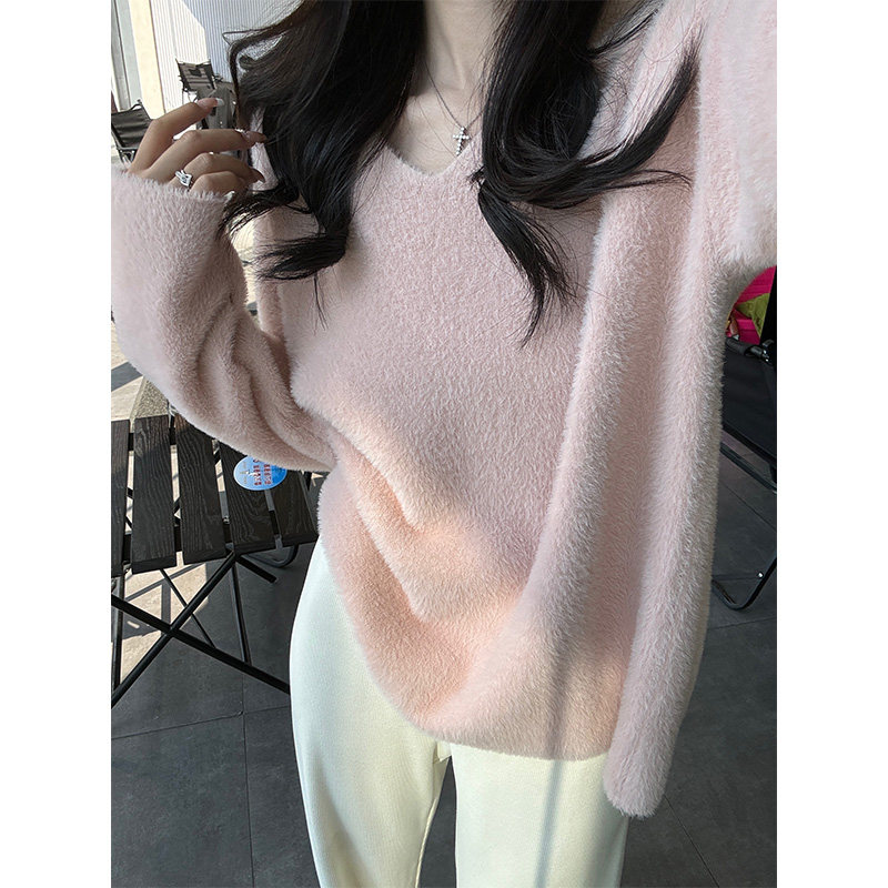 EBENB粉色V领春季毛针织衫马海毛软糯毛衣女中长款宽松慵懒水貂绒
