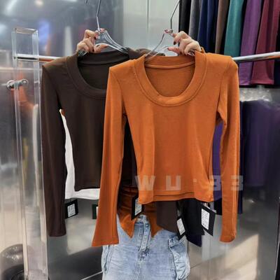 2025秋冬wu33新韩版u领设计感羊绒磨毛长袖T恤修身显瘦打底衫上衣