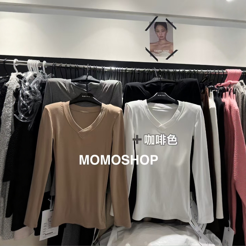 momo韩版v领设计长袖T恤