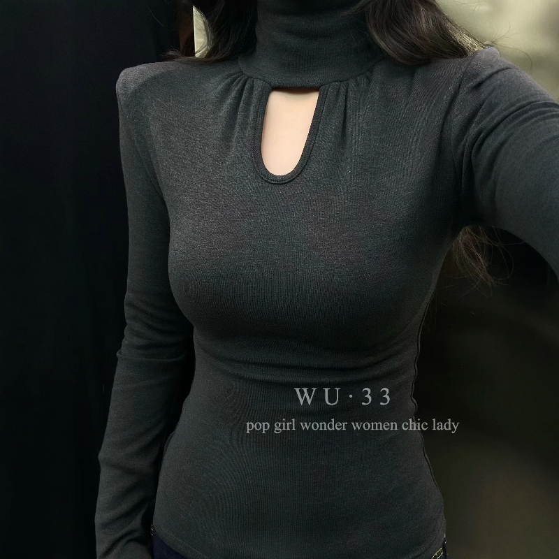 冬季加绒高领镂空长袖打底T恤