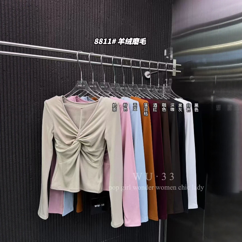 wu33韩v领扭结设计长袖T恤