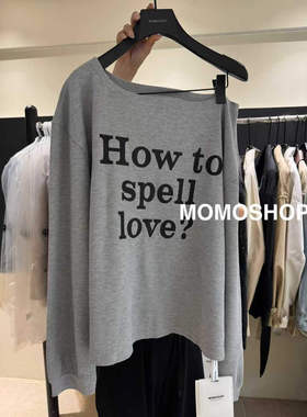 MOMO韩版2026年春季新款慵懒风字母印花宽松洋气露肩长袖T恤女潮