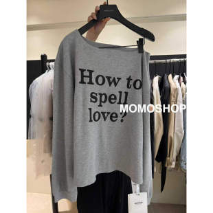 慵懒风字母印花宽松洋气露肩长袖 新款 T恤女潮 2026年春季 MOMO韩版
