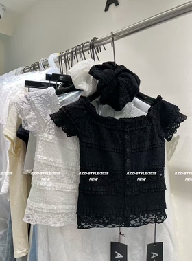 ADD上衣2025夏季新款韩版设计感小众一字领蕾丝短袖T恤女修身显瘦