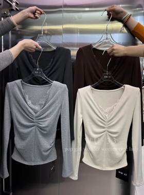 wu33打底衫2025冬新款韩v领蕾丝拼接设计加厚羊绒加绒长袖T恤上衣