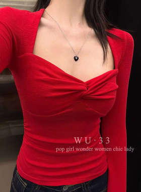 wu33打底衫2026春韩版新款V领扭结设计感收腰长袖T恤修身显瘦上衣