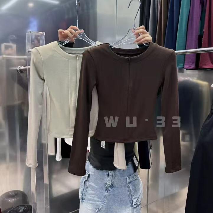 wu33打底衫2024冬季新款韩版圆领拉链设计感长袖加绒T恤显瘦上衣
