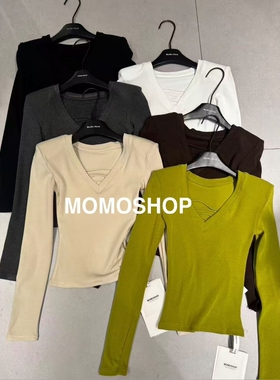 momo打底衫2025秋冬新韩版v领绑带设计感长袖加绒T恤纯欲显瘦上衣