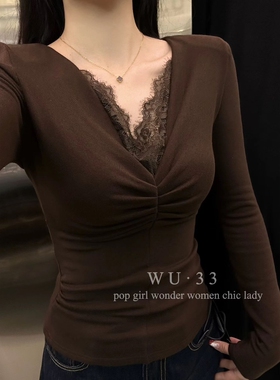 wu33打底衫2025冬新韩V领蕾丝拼接长袖加绒加厚T恤女修身显瘦上衣