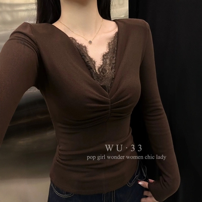 冬季加绒加厚V领蕾丝显瘦T恤