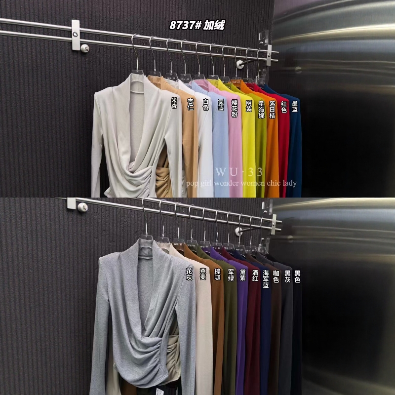 wu33韩版v领交叉设计感长袖T恤