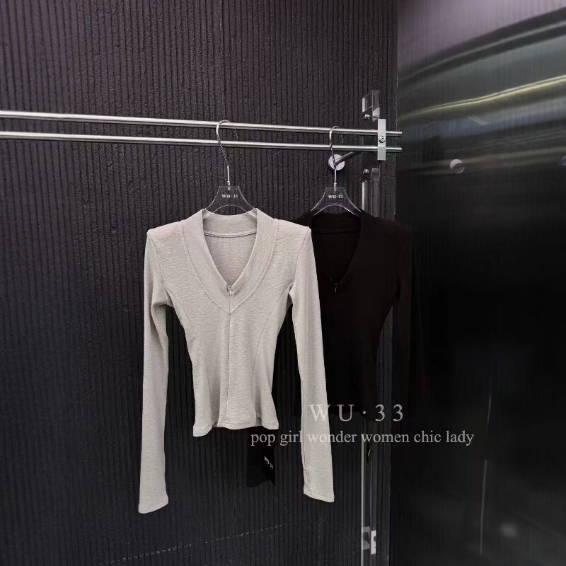 wu33韩版v领设计洋气长袖T恤
