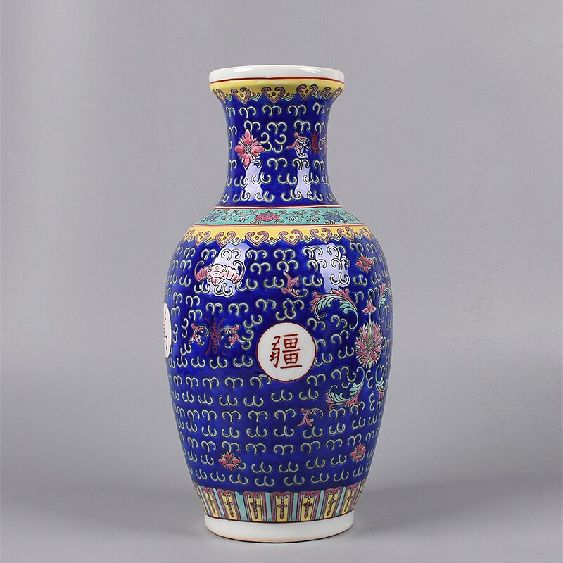 景德镇老厂货手绘粉彩蓝万寿无疆花篮瓶居家装饰摆件红色收藏古玩