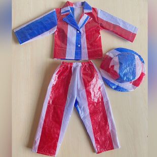 环保时装秀衣服红蓝白麻袋塑料衣服T台走秀服舞台表演手工DIY制作