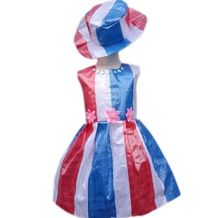 环保时装秀衣服红蓝白麻袋塑料衣服T台走秀服舞台表演手工DIY制作