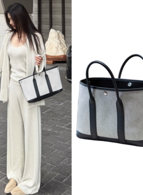 h家粗颈纹Ntogo头层牛皮蜡线钢五金花园包23/30/36帆布拼皮手提包