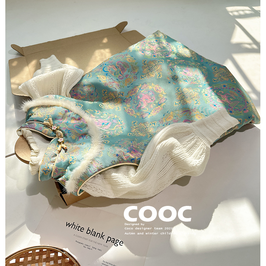 2025秋冬女童水貂毛背心裙旗袍小女孩洋气夹棉盘扣新中式连衣裙