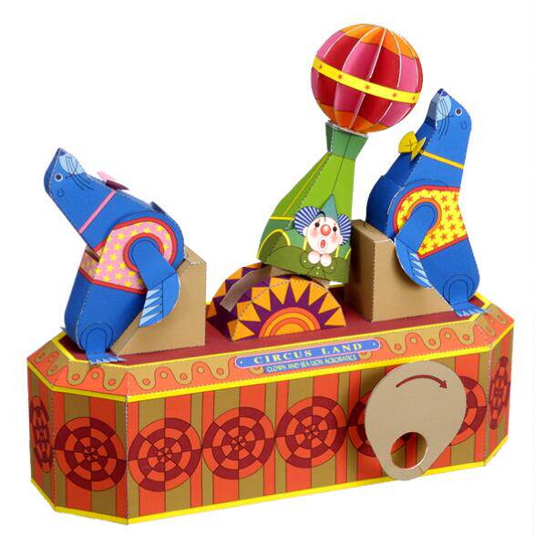 儿童益智diy立体手工制作动态马戏团杂技团海豹表演3d纸模型纸艺