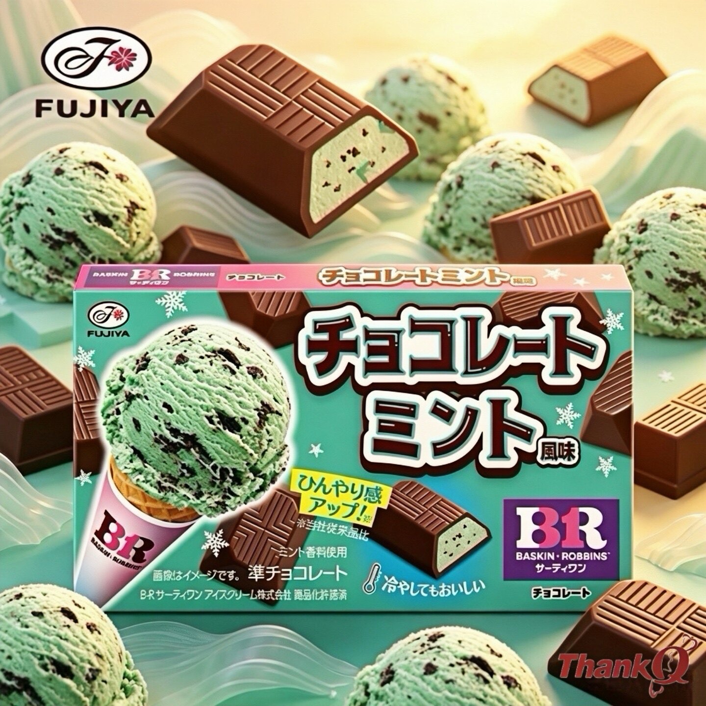 夏季限定薄巧零食日本进口不二家BR联名款冰淇淋夹心薄荷巧克力砖