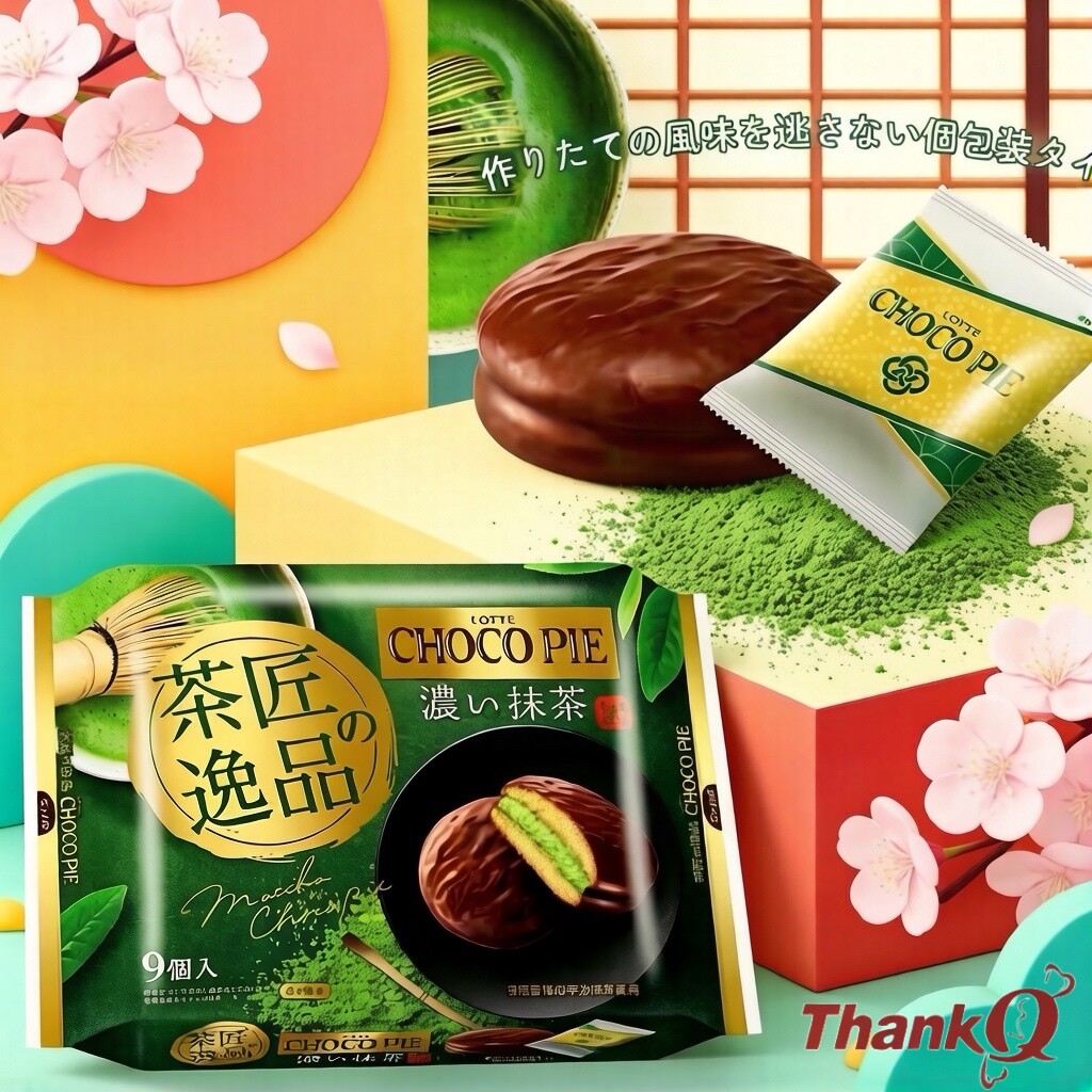 日本进口零食lotte乐天浓厚抹茶巧克力派茶匠逸品9枚双层夹心蛋糕