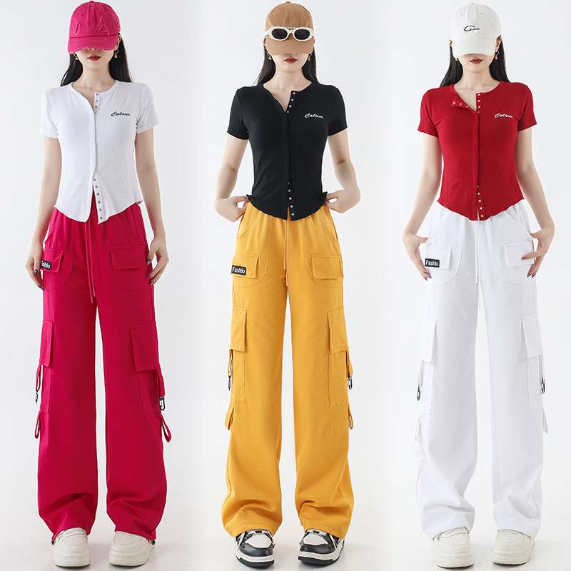 休闲运动套装女夏季开衫短款透气短袖直筒宽松工装裤跳操舞蹈上衣