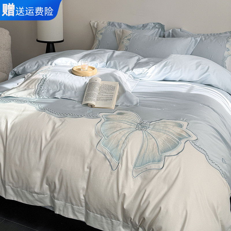 少女心纯棉全棉四件套公主风爱心蝴蝶结刺绣被套春夏裸睡床上用品