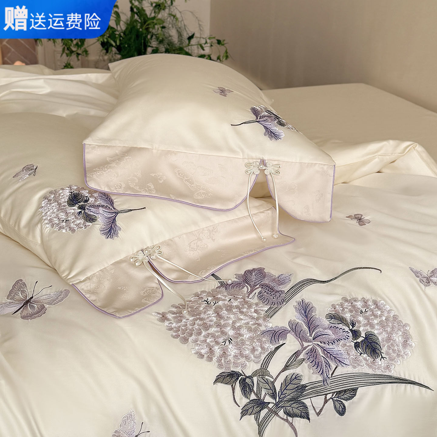 南通家纺新中式花卉刺绣高端100支全棉四件套长绒棉纯棉床单被套