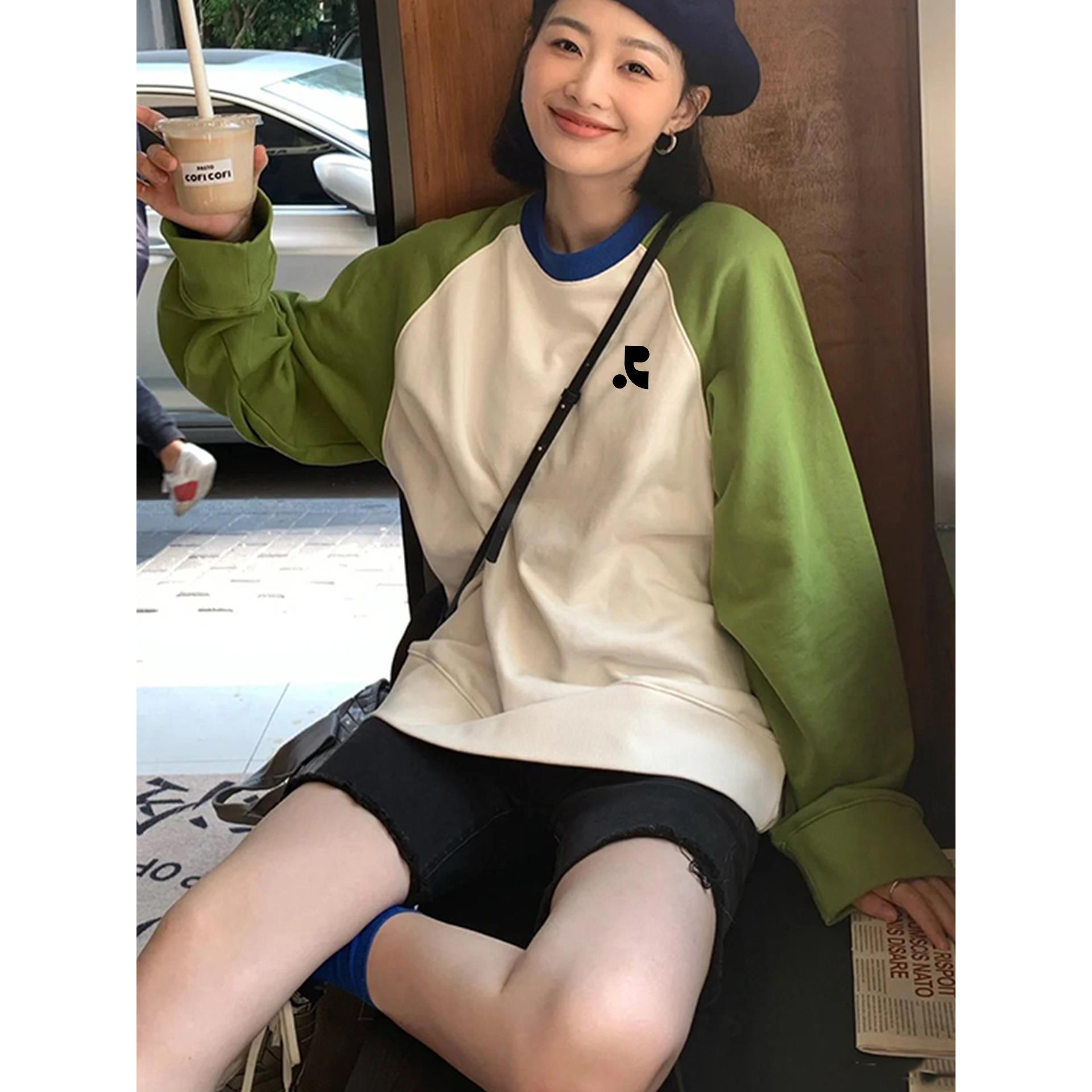 韩国代购Retionan插肩撞色圆领卫衣女秋季小众拼接长袖套头上衣潮