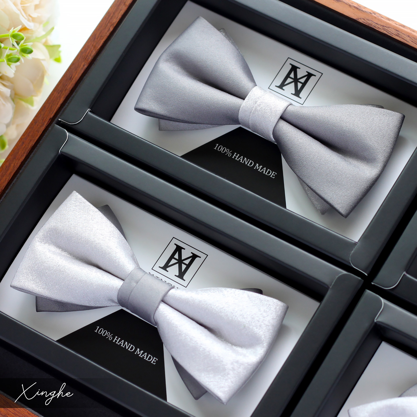 高端灰色新郎领结方巾礼盒套装男