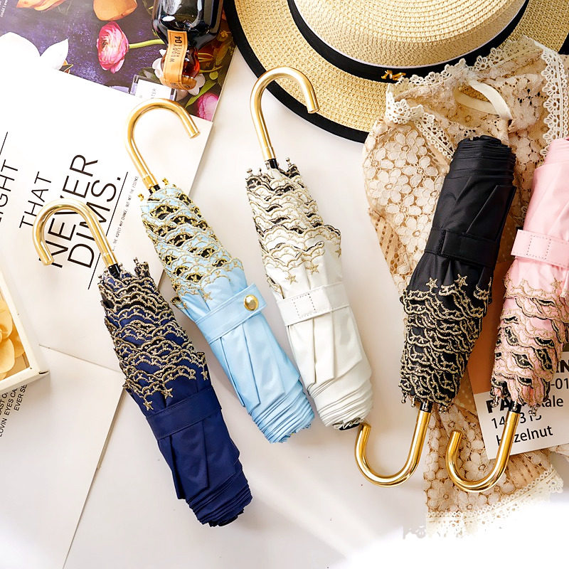 日系刺绣蕾丝迷你五折伞小巧便携弯钩太阳伞防晒遮阳伞防紫外线女