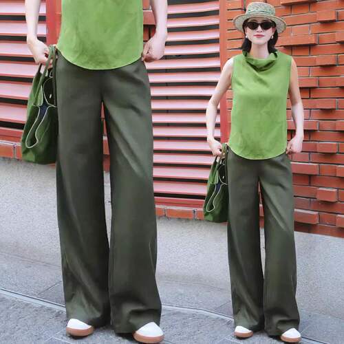 榉木绿天丝亚麻休闲裤女2026新款