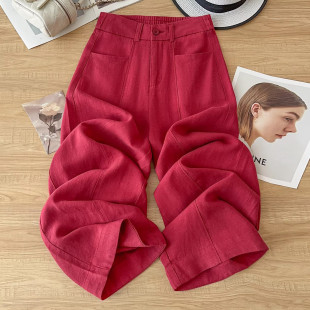 棉麻直筒裤 复古红色亚麻阔腿裤 九分天丝防晒裤 2026新款 子 女春夏季