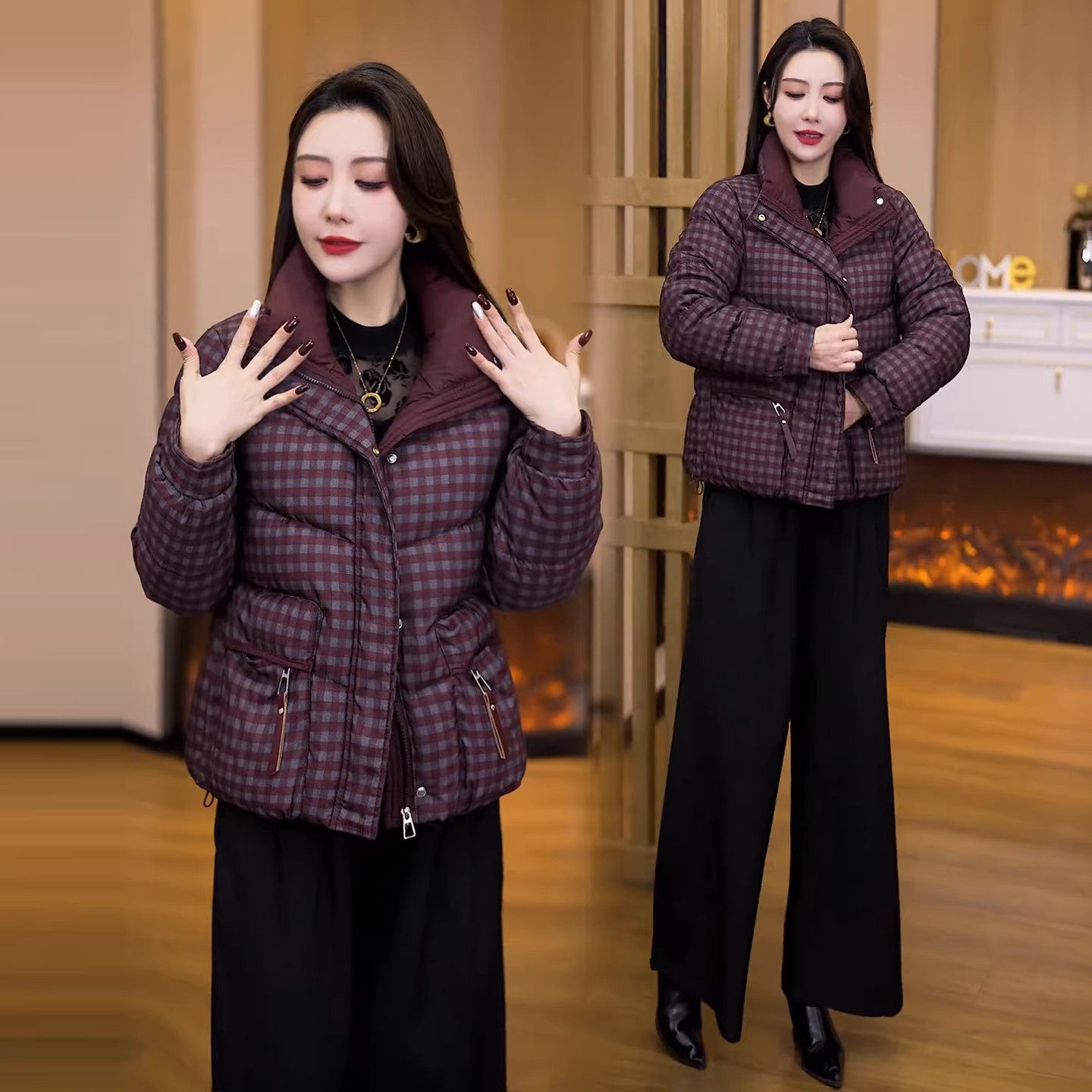 时尚格子棉服女2025冬季新款宽松显瘦加厚保暖立领短款棉袄外套潮,女装/女士精品,大码棉服,淘宝优惠券,粉丝福利购,淘宝优惠卷