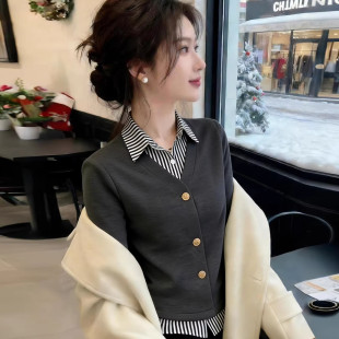 假两件条纹拼接长袖 显瘦百搭洋气小衫 衬衫 新款 通勤上衣 女春季 时尚