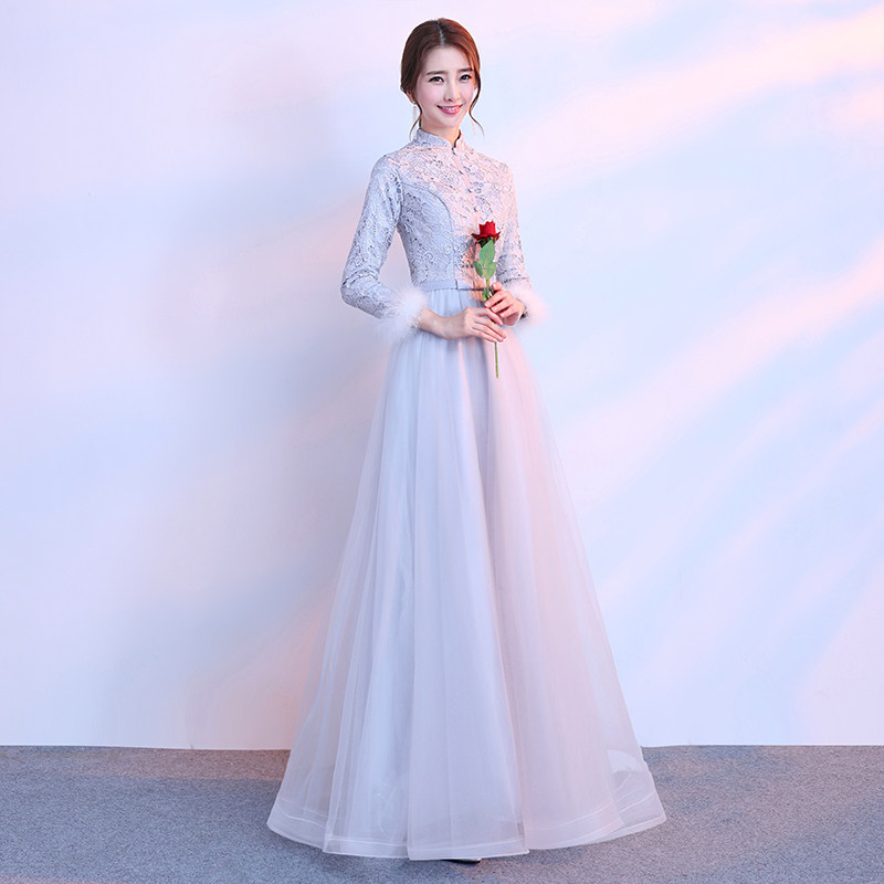 伴娘服2025新款春季姐妹团长袖立领加厚保暖宴会名媛晚礼服女长款