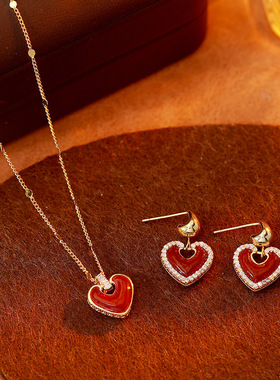 秋冬红白双面爱心吊坠项链耳钉