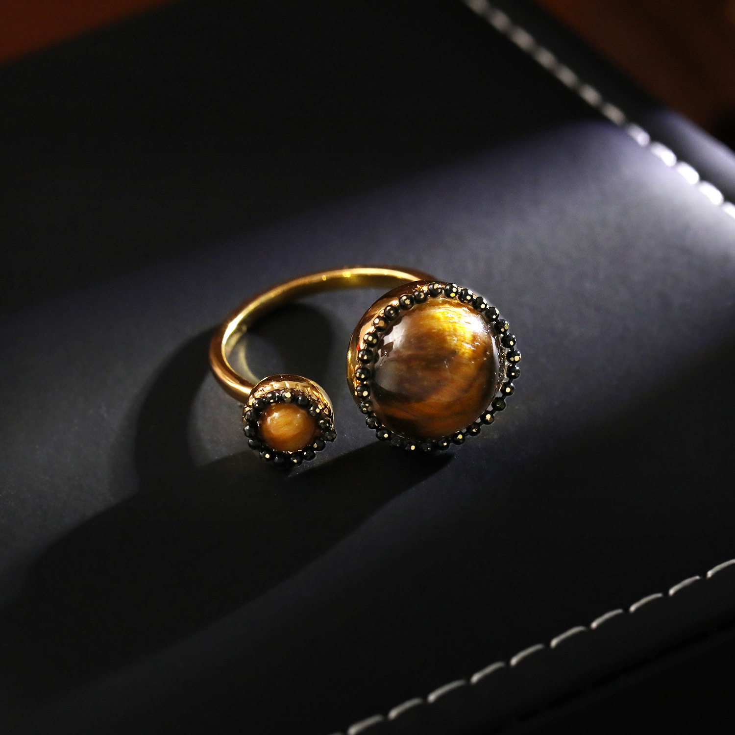 法式复古天然虎眼石开口戒极简高级感可调节对戒潮人冷风气质戒子