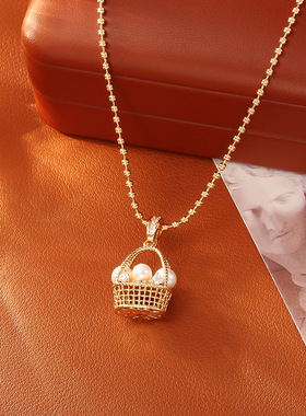 法式编织镂空花篮珍珠锁骨链女