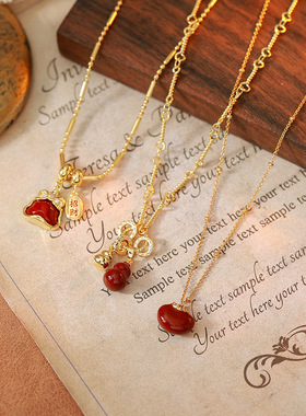 简约滴油红色双面爱心项链女款小众设计气质感锁骨链时尚配饰