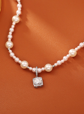 爆款曼塔玫瑰珍珠方糖锆石吊坠项链轻奢时尚感优雅气质锁骨链