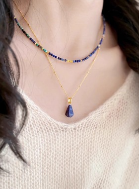 深海回忆！国风深蓝色串珠碎银子项链女气质轻奢小众感锁骨链